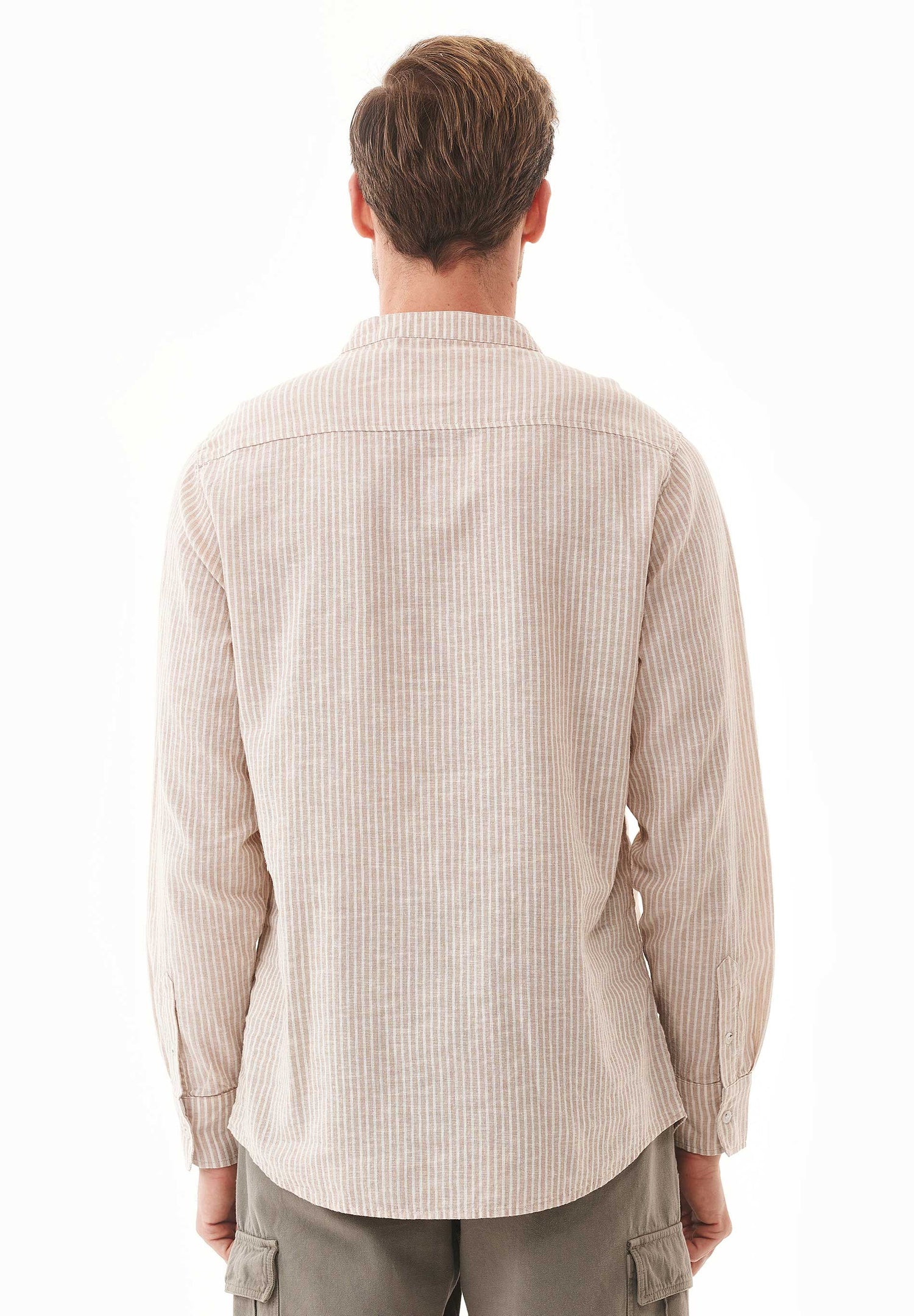 Men's Striped Linen Blend Stand-Up Collar Shirt Sand / Ecru