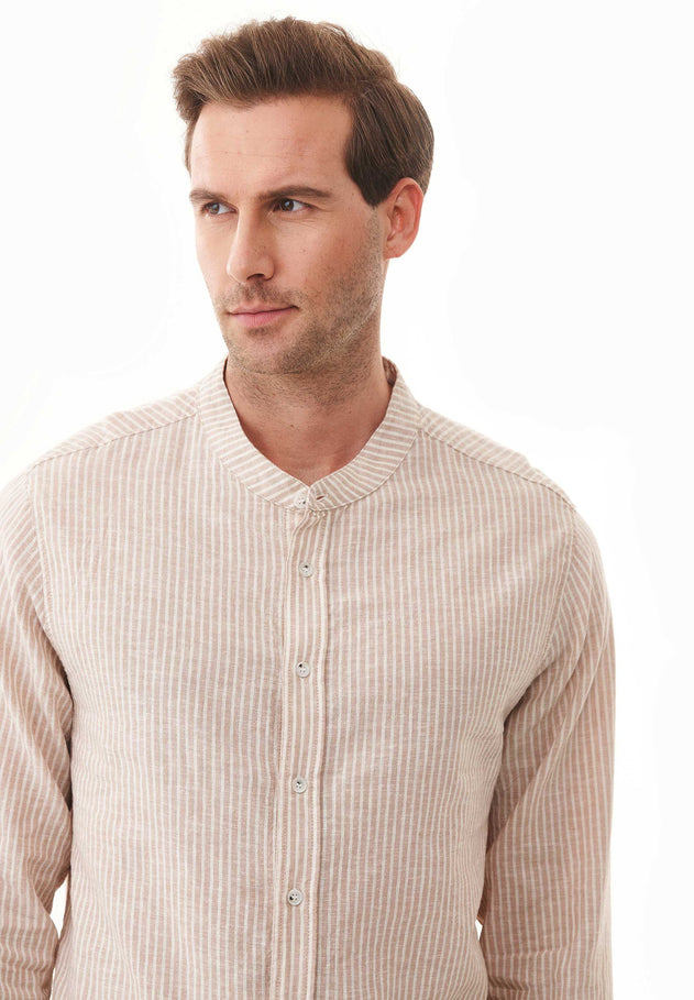Men's Striped Linen Blend Stand-Up Collar Shirt Sand / Ecru