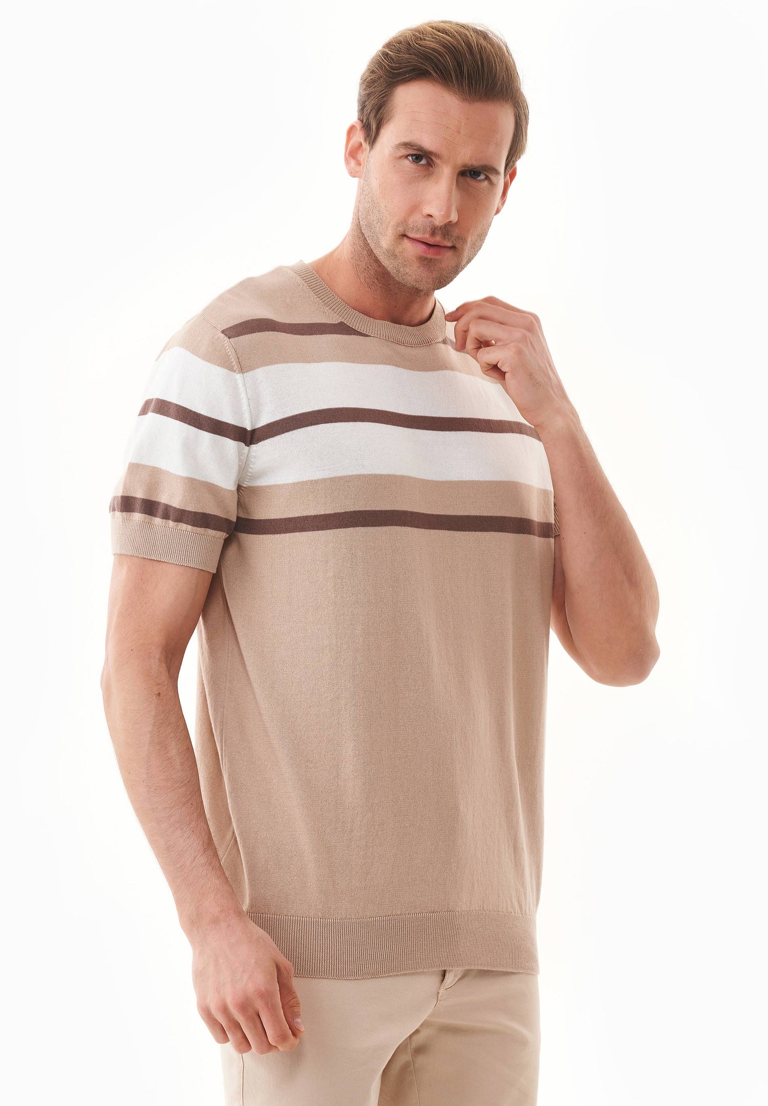 Men's Fine-Knit Organic Cotton T-Shirt Striped Beige/Deep Taupe/Off-White