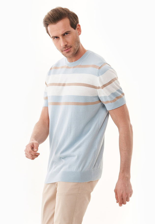 Men's Fine-Knit Organic Cotton T-Shirt Striped Blue Haze/Beige/Off-White