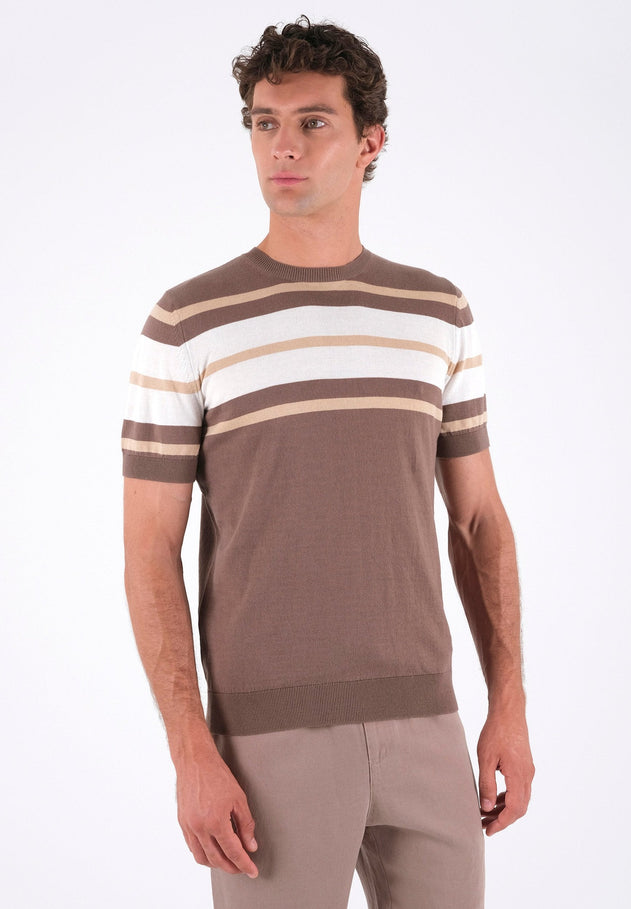 Men's Fine-Knit Organic Cotton T-Shirt Striped Deep Taupe/Beige/Off-White