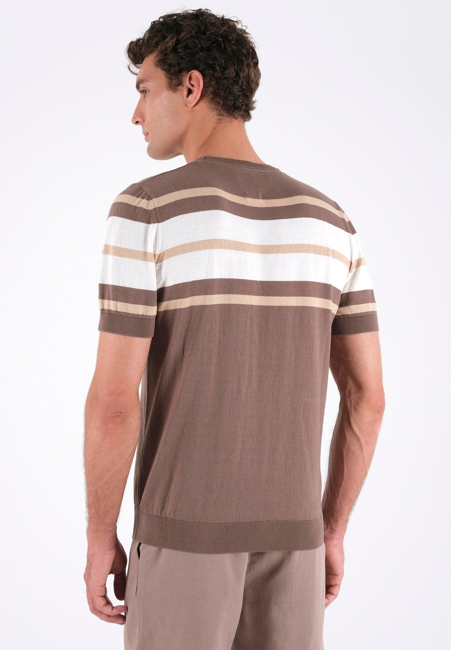 Men's Fine-Knit Organic Cotton T-Shirt Striped Deep Taupe/Beige/Off-White