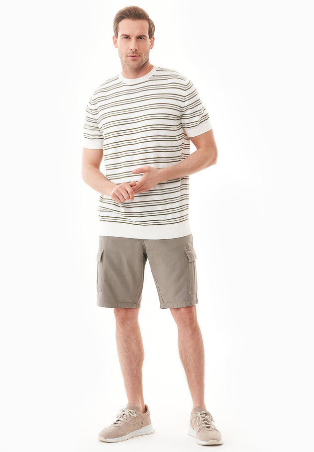 Men's Fine-Knit Organic Cotton T-Shirt Striped Off-White/Khaki