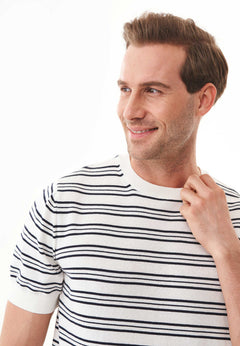 Men's Fine-Knit Organic Cotton T-Shirt Striped Off-White/Navy