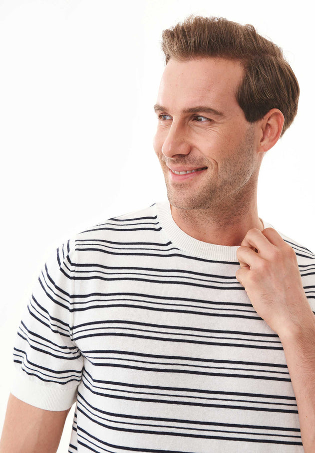 Men's Fine-Knit Organic Cotton T-Shirt Striped Off-White/Navy