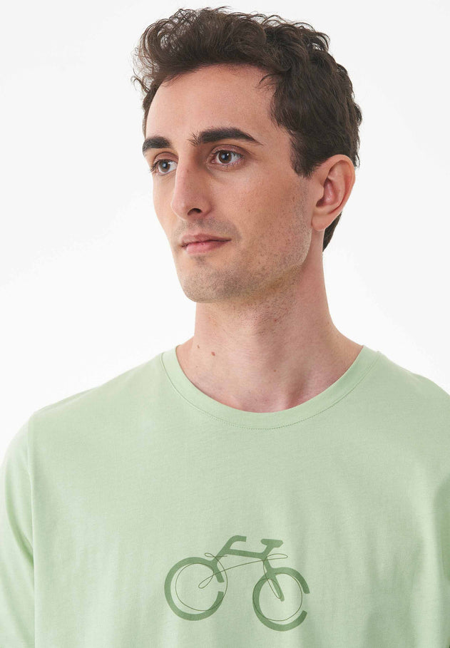 Men's Bike Print Organic Cotton T-Shirt Foam Green