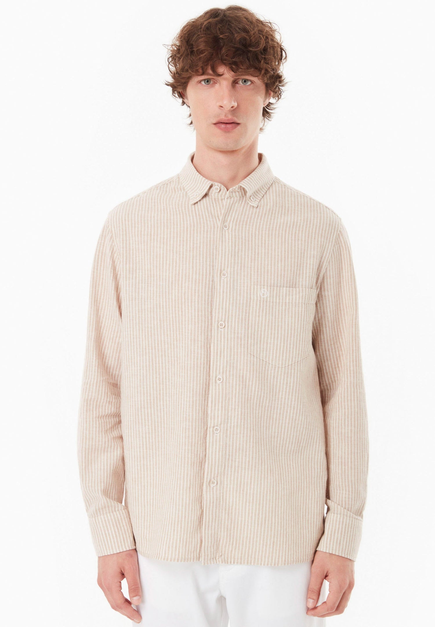 Men's Striped Linen Blend Button-Up Shirt Beige/Off White