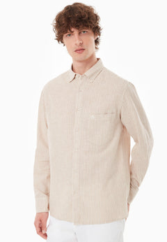 Men's Striped Linen Blend Button-Up Shirt Beige/Off White