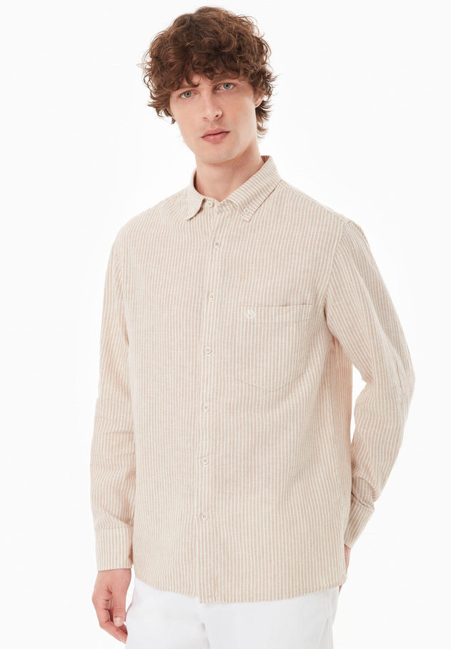 Men's Striped Linen Blend Button-Up Shirt Beige/Off White
