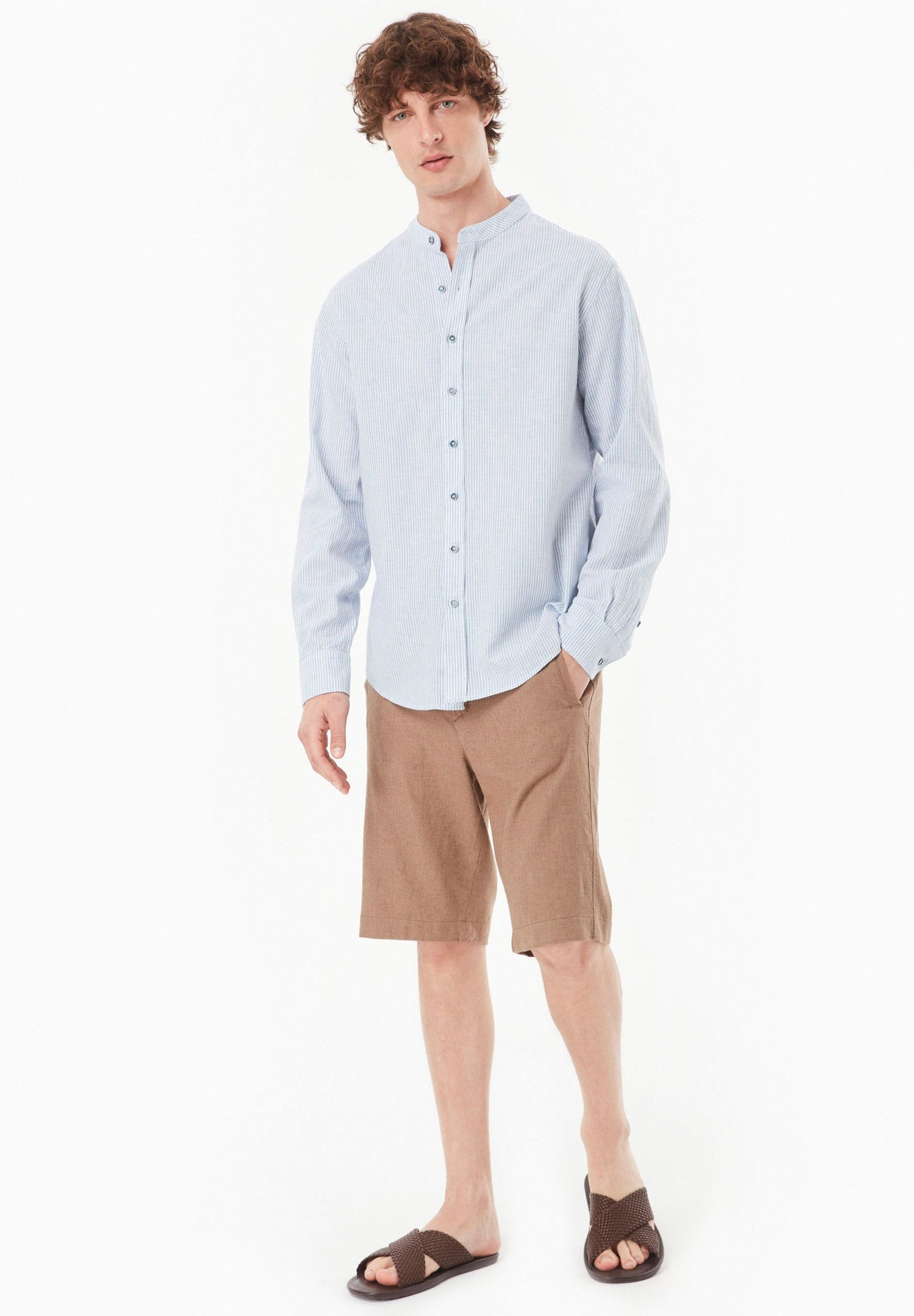Men's Striped Stand-Up Collar Shirt Blue/Off White