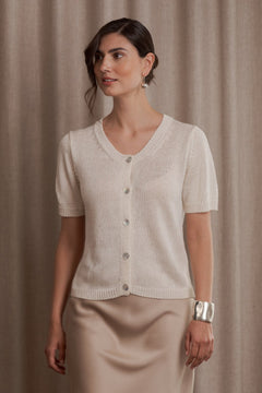 Short Sleeve Linen Blend Cardigan Cream