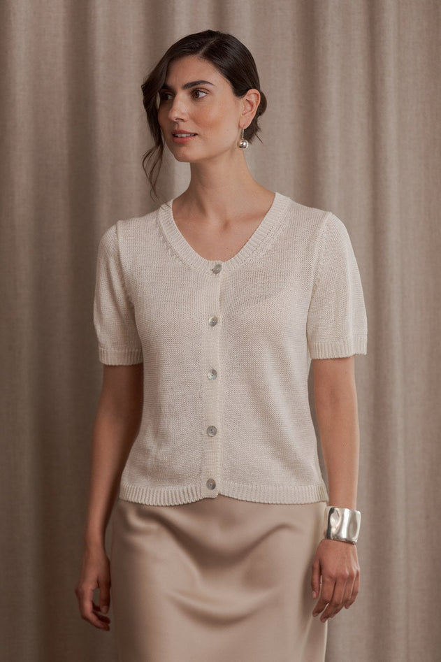 Short Sleeve Linen Blend Cardigan Cream