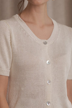 Short Sleeve Linen Blend Cardigan Cream