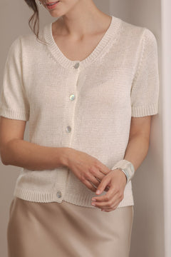 Short Sleeve Linen Blend Cardigan Cream