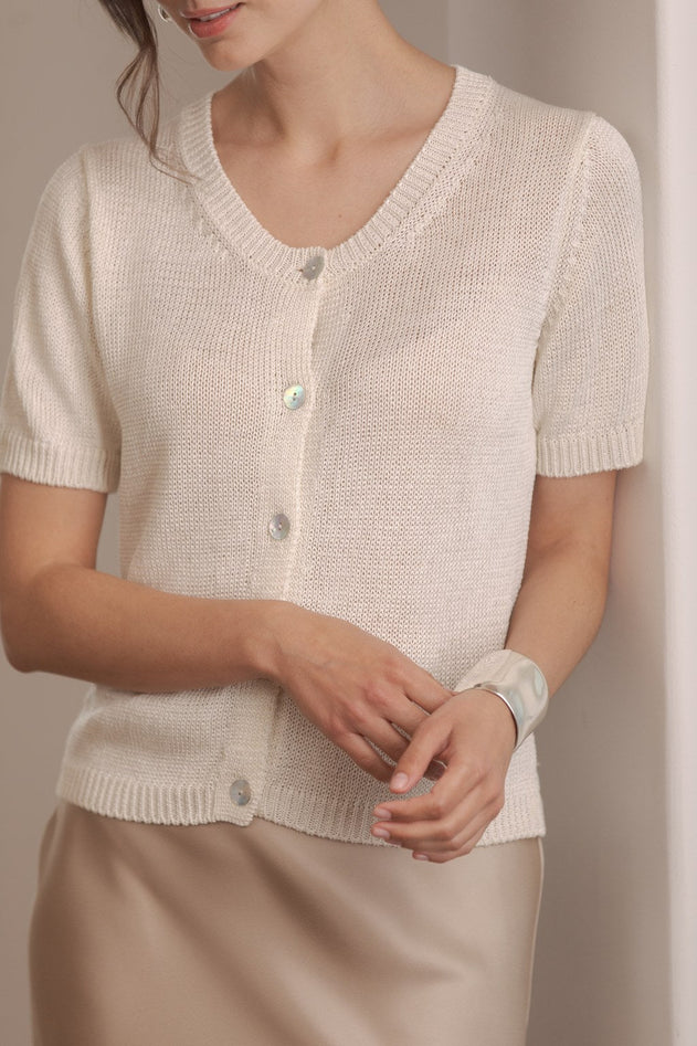 Short Sleeve Linen Blend Cardigan Cream