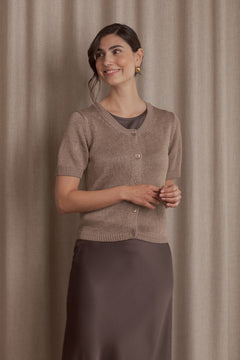 Short Sleeve Linen Blend Cardigan Greige