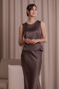 Tia Sleeveless Satin Top Dark Chocolate
