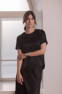 Tessa Short Sleeve Satin Shirt Black
