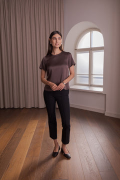 Tessa Short Sleeve Satin Shirt Dark Chocolate