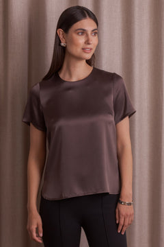 Tessa Short Sleeve Satin Shirt Dark Chocolate