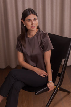 Tessa Short Sleeve Satin Shirt Dark Chocolate