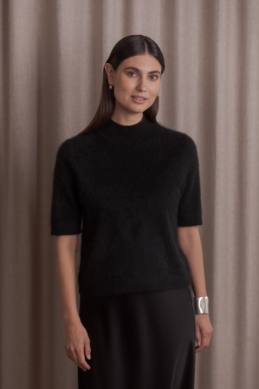 Short-sleeved Half-Turtleneck Cashmere Sweater Black