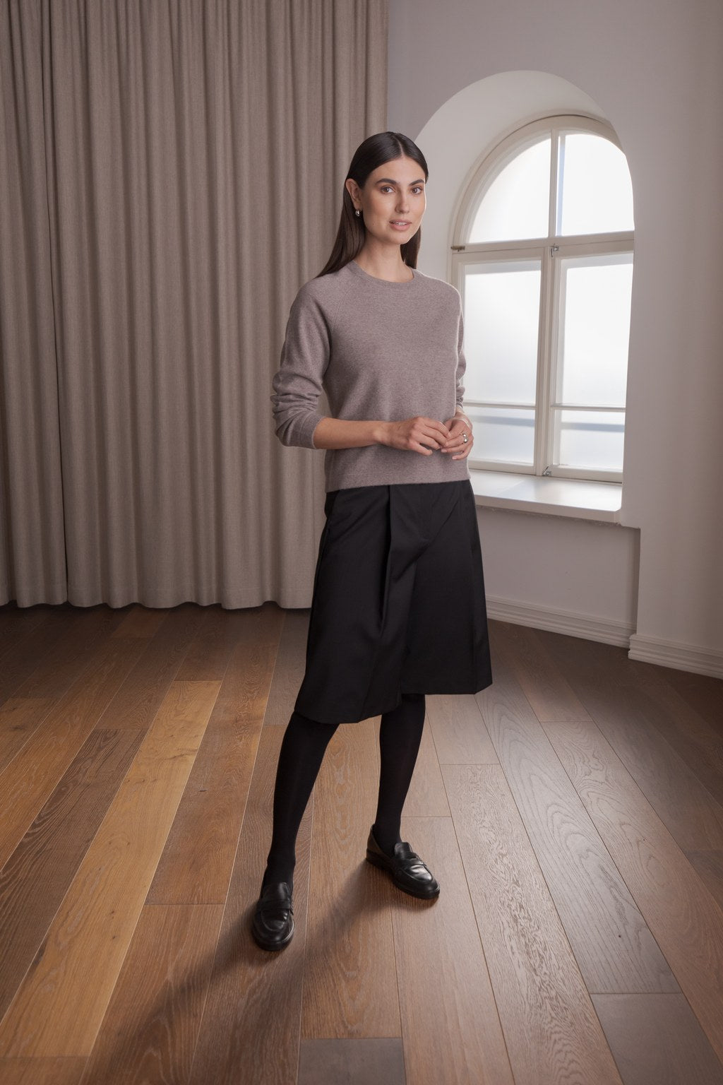 Long-Sleeved Plain Cashmere Sweater Nougat