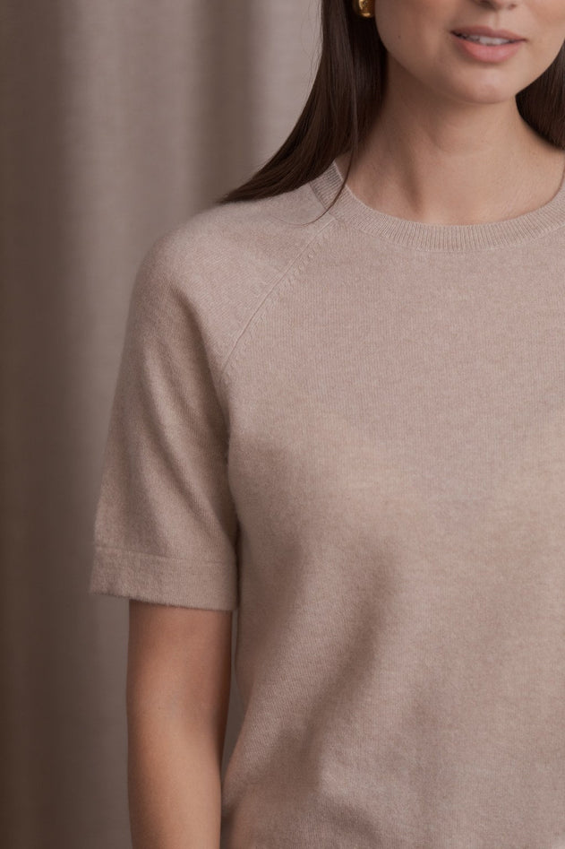 Short-Sleeved Plain Cashmere Sweater Latte
