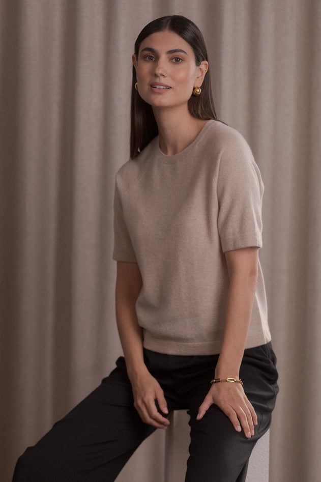 Short-Sleeved Plain Cashmere Sweater Latte