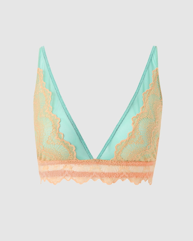 Lace Plunge Bralette Peach/Turquoise