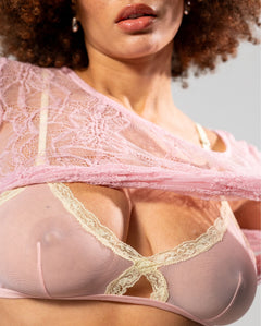 Mesh Lace Cut-Out Triangle Bralette Powder Pink/Light Yellow
