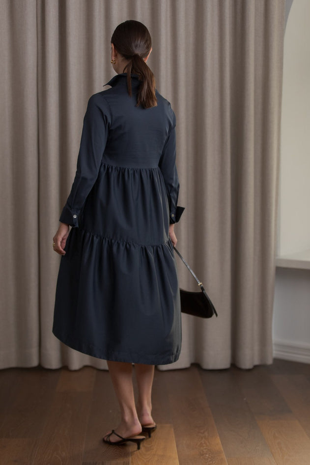 Clarette Long Sleeve Cotton Blend Dress Dark Navy