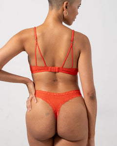 Mesh Lace Trim Thong Fiery Red