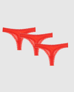 Mesh Lace Trim Thong 3-Pack Fiery Red