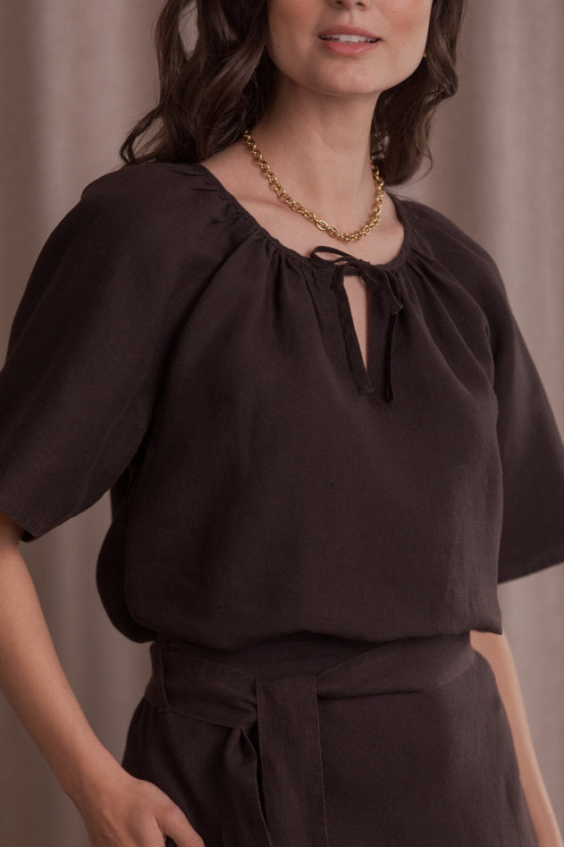 Lila Wide-sleeved Linen Shirt Dark Chocolate