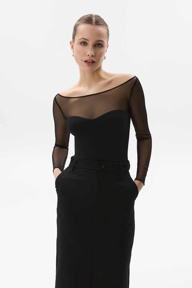 Bardot Body With Mesh Sleeves Black