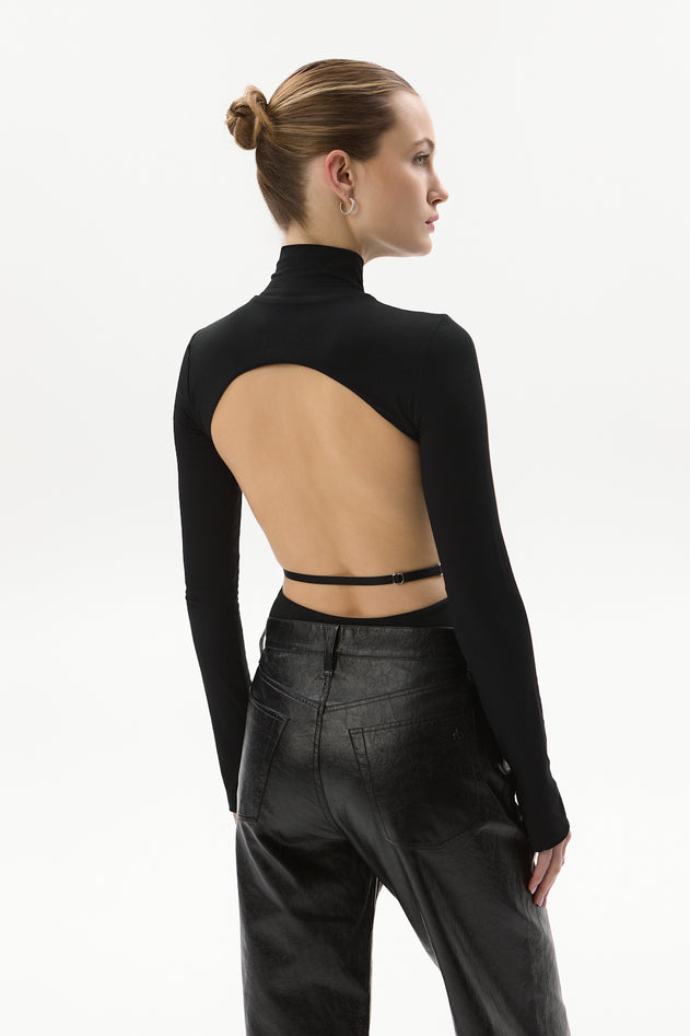 Turtleneck Bodysuit With Cut-Out Back Black