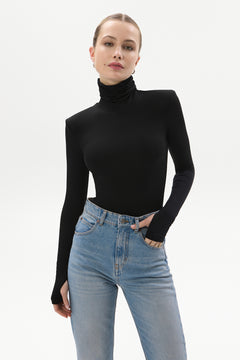 High Turtleneck Bodysuit With Shoulder Pads Black