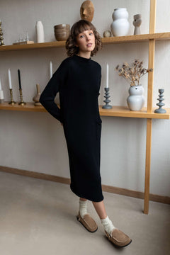 Longline Merino Wool Dress With Turn-Up Trims Black