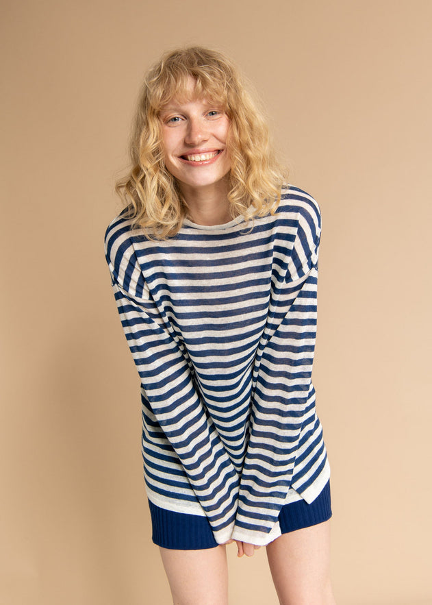 Tanto Unisex Linen Long-Sleeve Top Navy Striped