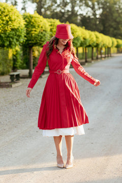 Fit and Flare Red Women's A-line Coat with Pleated Skirt Scarlet Waltz Red