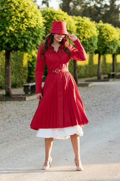 Fit and Flare Red Women's A-line Coat with Pleated Skirt Scarlet Waltz Red