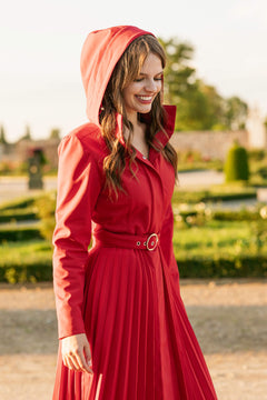 Fit and Flare Red Women's A-line Coat with Pleated Skirt Scarlet Waltz Red