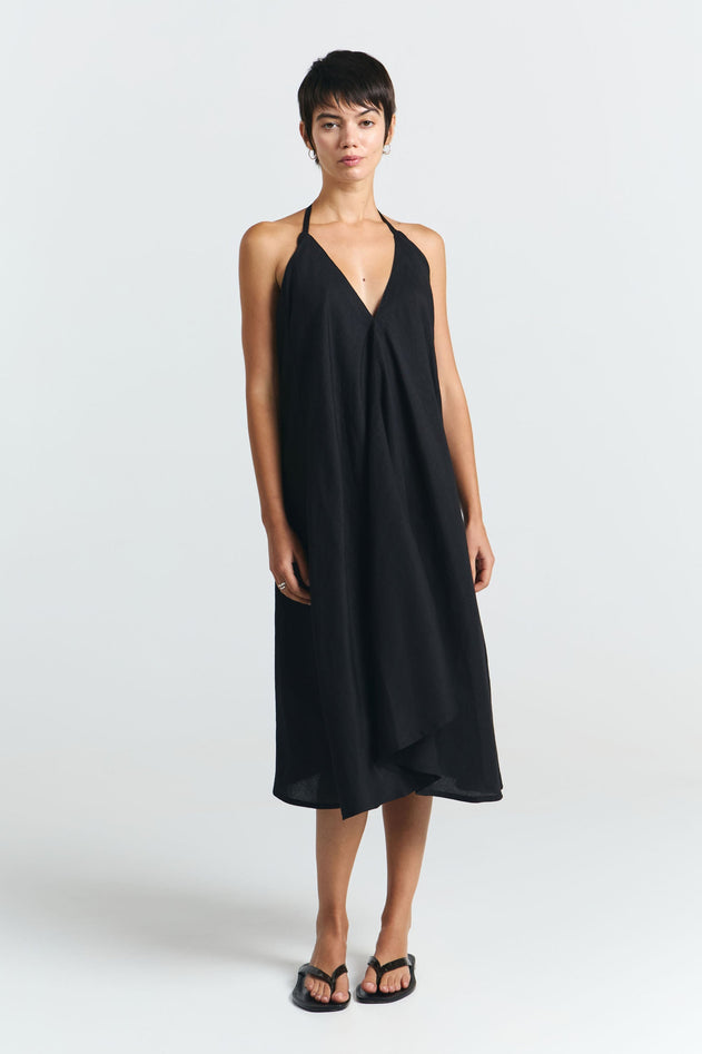 Multiposition Short Linen-Viscose Dress Black