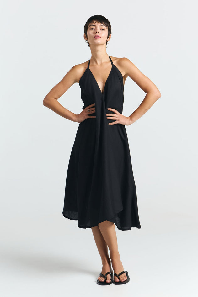 Multiposition Short Linen-Viscose Dress Black