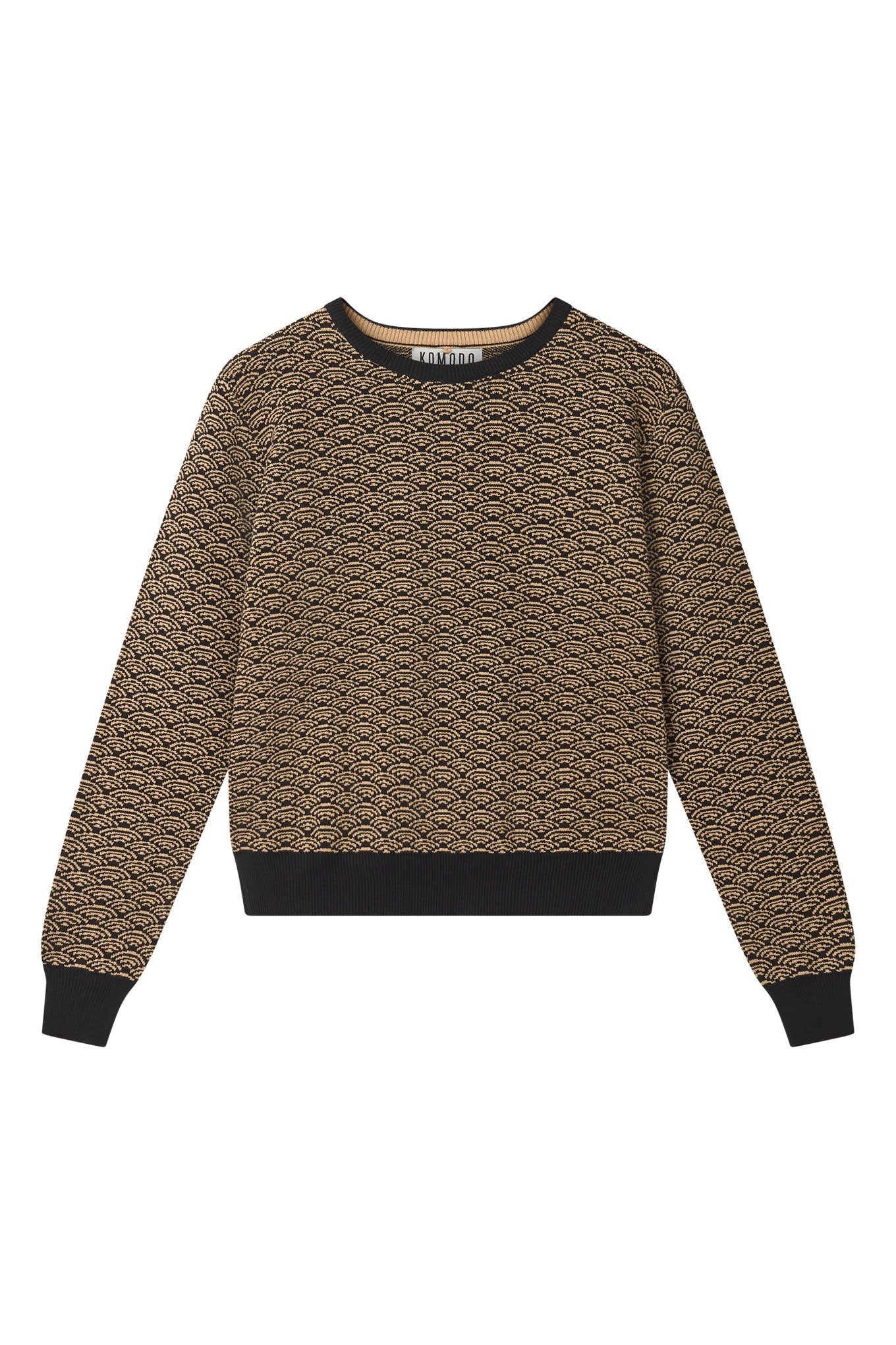 Woman wearing Komodo black organic cotton jacquard jumper