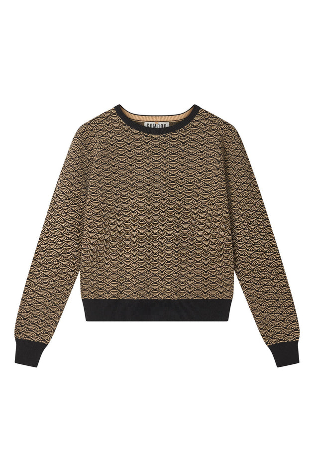 Woman wearing Komodo black organic cotton jacquard jumper