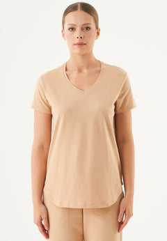 Tuba Basic Organic Cotton V-Neck T-Shirt Beige