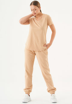 Tuba Basic Organic Cotton V-Neck T-Shirt Beige