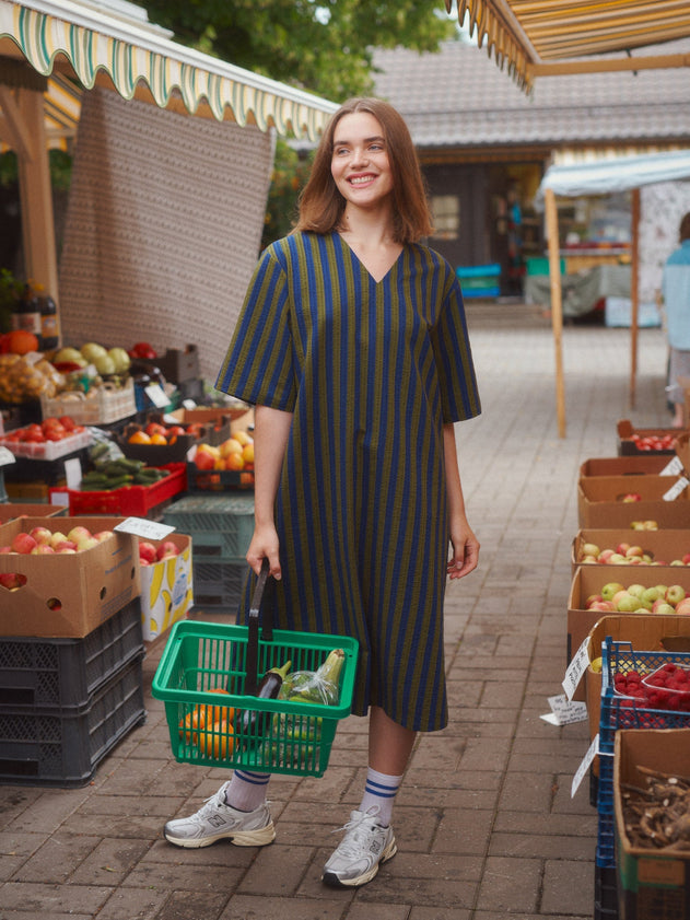 Stripy Seersucker Dress With Belt Green/Blue